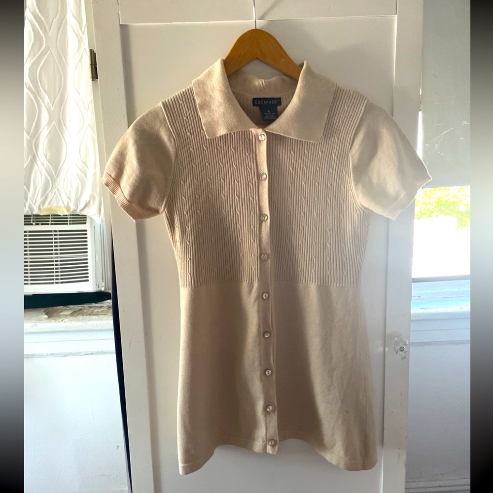 Cream Short Sleeve Button-Up Dress